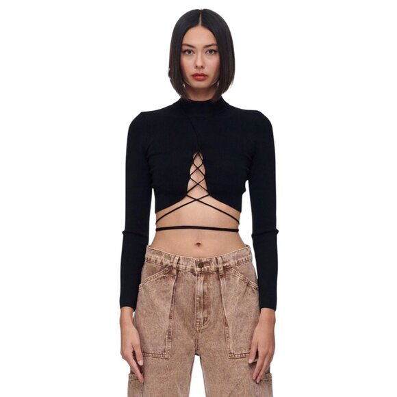 ASTR the Label Raven‎ Strappy Cutout Sweater Womens S Black Mock Neck Lace Up - Picture 1 of 11